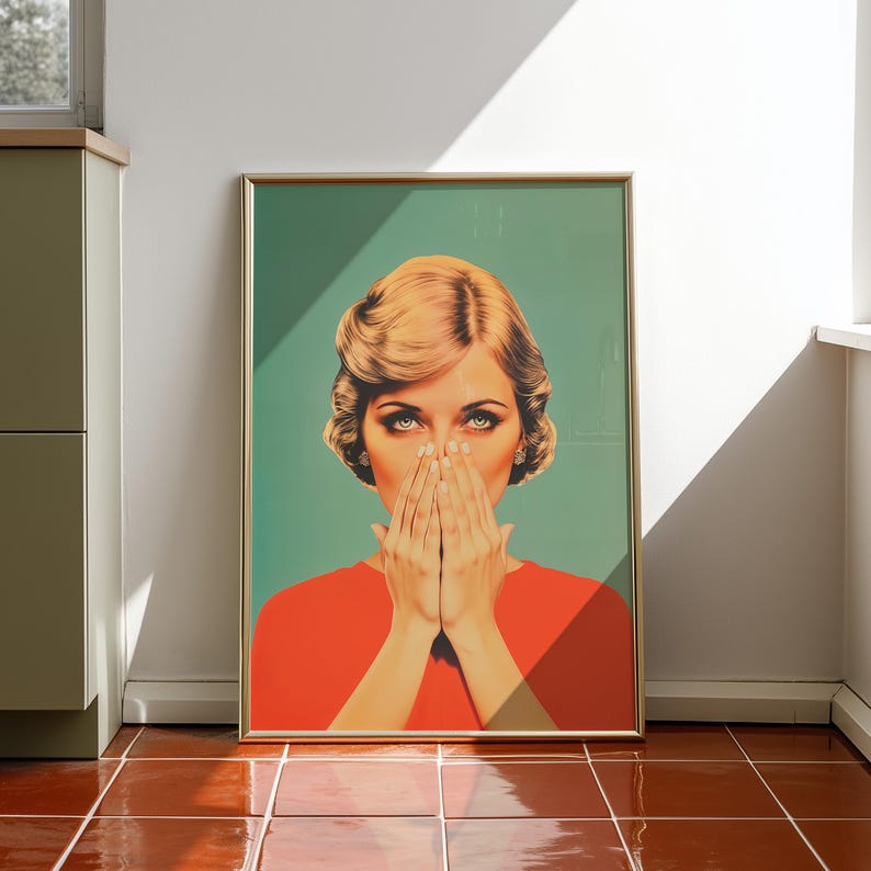 digital illustration of a retro 1950s style woman with blonde hair and blue eyes, wearing a vibrant red top against a teal background. She is holding her hands over her nose with a humorous, shocked expression, perfect for funny bathroom wall decor.