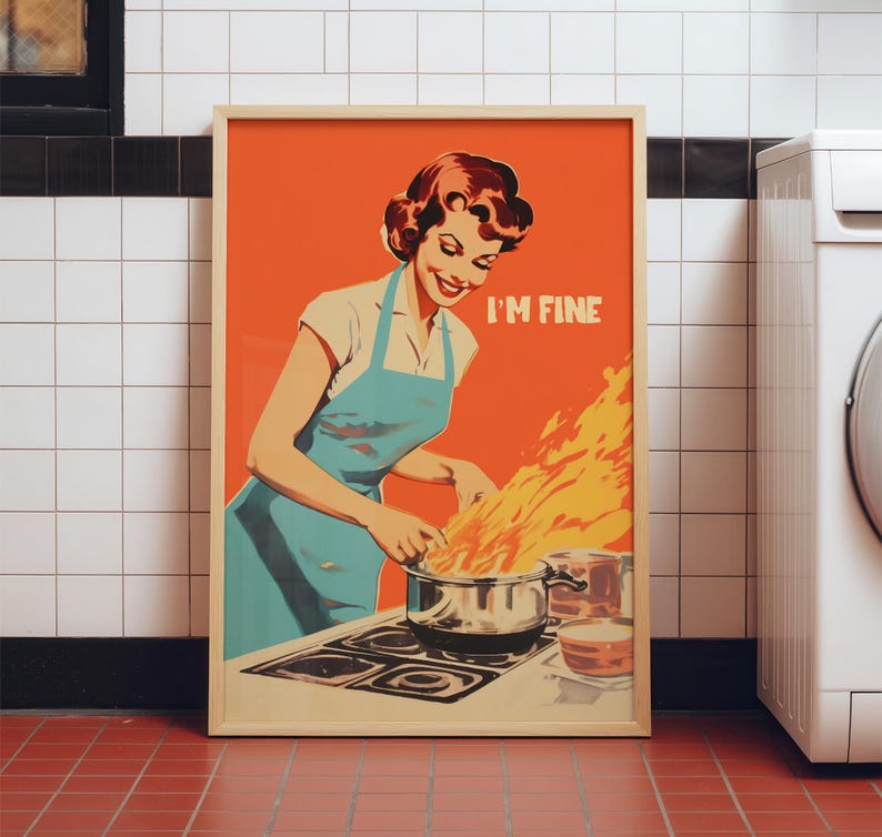 Retro Kitchen wall art Funny Kitchen Nook art 50s 60s Poster Retro Cooking Print Kitchen digital Art Happy Housewife Poster I'm Fine Print Retro Kitchen Art Download gift for a chef annoying seagull shop print original