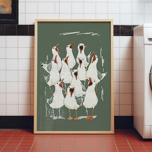 Illustration of a shouting seagull flock — seagull print, funny bathroom art, toilet wall art, sea bird decor.