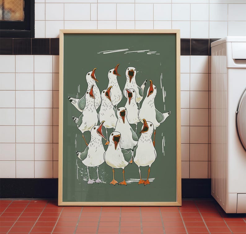 Illustration of a shouting seagull flock — seagull print, funny bathroom art, toilet wall art, sea bird decor.