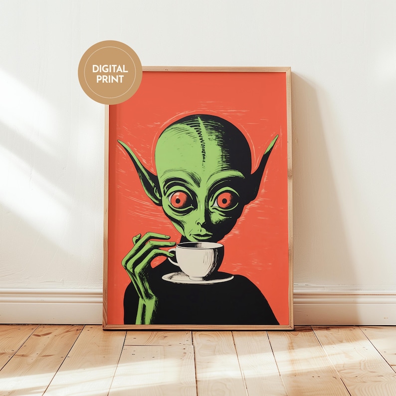 Retro Alien Coffee Art Print: Funny Sci-fi Kitchen Decor (digital ...