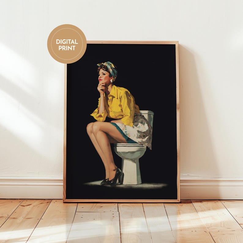 Funny retro style black and yellow toilet wall art with a retro pin-up lady sitting on a toilet, designed as funny bathroom art for restroom wall decor.