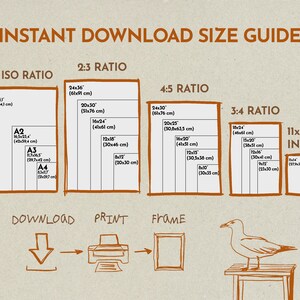 May include: An instant download size guide featuring brown text and outlines on a light background. It lists various print ratios including 5:7 ISO, 2:3, 4:5, 3:4, and 11x14 inch sizes with specific dimensions in inches and centimeters, plus icons.