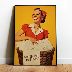 Wäscherei Wandkunst Glückliche Hausfrau Kunstdruck 50er Jahre Wäscherei Tag Poster Retro Badezimmer Wandkunst Lustig Wäscherei Print Digitaler Hauswirtschaftsraum Wandkunst
