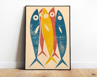 Retro pescado impresión sardinas pared arte impresión digital mariscos arte impresión vintage cocina arte impresión divertido minimalista mercado de pescado arte beige y azul