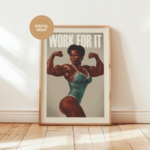 Midcentury Modern Style Gym art print depicting a strong black woman and a motivation quote "Work for it", perfect workout room decor for women.