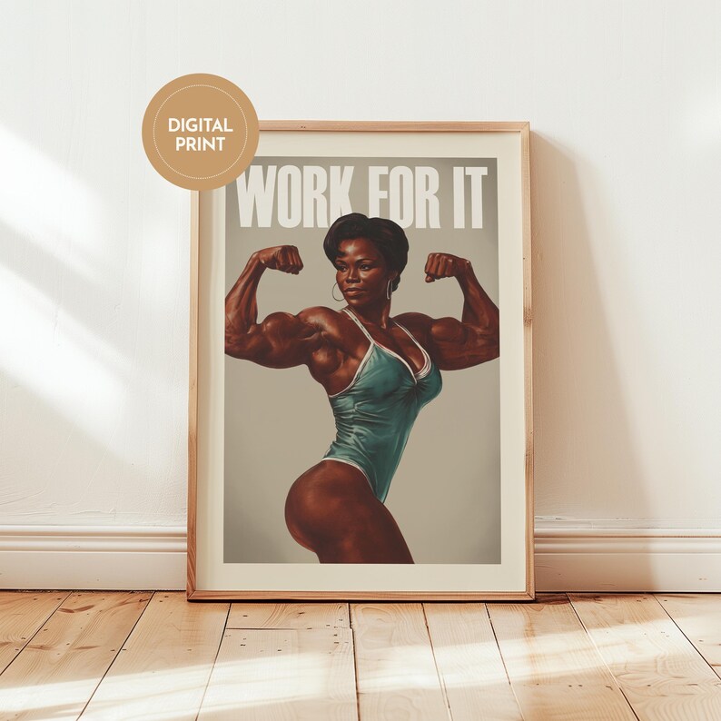 Midcentury Modern Style Gym art print depicting a strong black woman and a motivation quote "Work for it", perfect workout room decor for women.