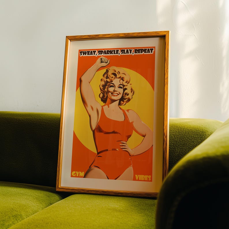 Retro gym art featuring an 80s style woman in an orange bodysuit flexing. Vibrant yellow sun background with the text Sweat Sparkle Slay Repeat. Maximalist dopamine decor for home gym walls.