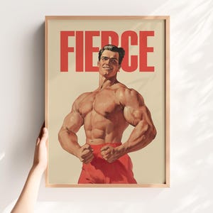Fierce Muscle Man Fitness Print – Retro Bodybuilding Poster, Gym Wall Art, Fitness Wall Art for Home Gym Decor, Digital Download