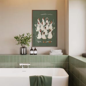 Illustration of a shouting seagull flock — seagull print, funny bathroom art, toilet wall art, sea bird decor.