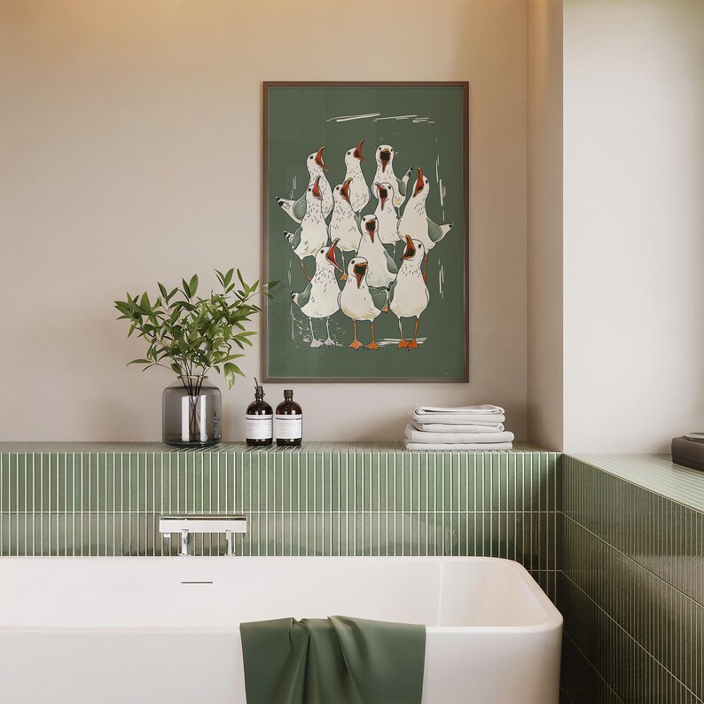Illustration of a shouting seagull flock — seagull print, funny bathroom art, toilet wall art, sea bird decor.