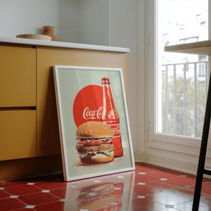 Retro burger and Coca-Cola bottle illustration with red circle background — coca cola poster, vintage coke poster, retro food art, 1950s wall decor.