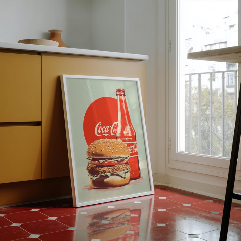 Retro burger and Coca-Cola bottle illustration with red circle background — coca cola poster, vintage coke poster, retro food art, 1950s wall decor.