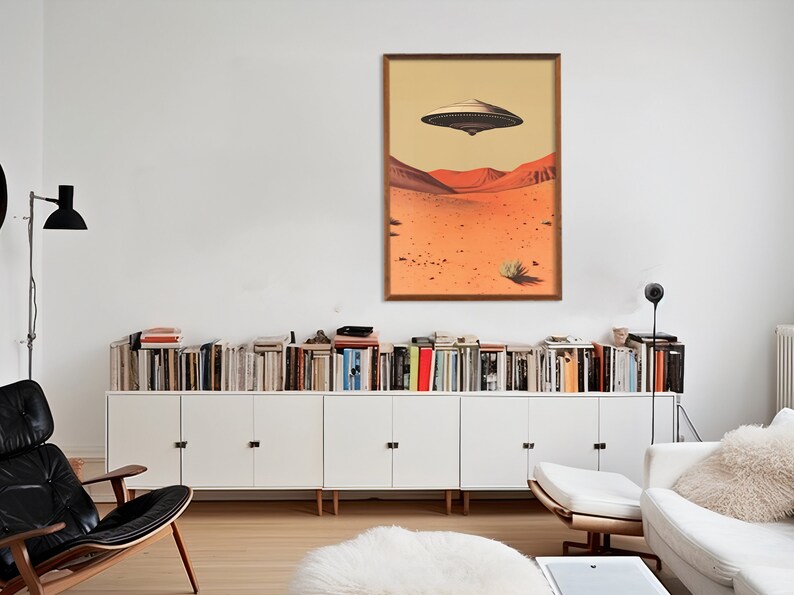 Retro Ufo Poster Alien Wall Art UFO Retro Print Hovering Ufo Flying Saucer Print Ufo over the Desert Art 1950s Ufo Art Alien Aesthetic Art
