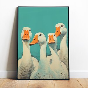 Divertente stampa da parete per il bagno, poster retrò per il water, arte da parete con oca sciocca, stampa digitale blu per il bagno, poster con uccelli, arte di animali divertenti