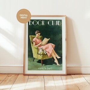 Vintage-style poster of a woman reading in an armchair with a cat, designed as book club art for a reading corner art space with a soft midcentury print feel, text reads “BOOK CLUB” and “OPEN 24/7”.