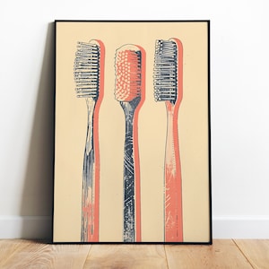 Toothbrush Wall Art Retro Bathroom Poster Printable Toilet Art Print Brush Your Teeth Poster Digital Print for Bathroom Pink Bathroom Art