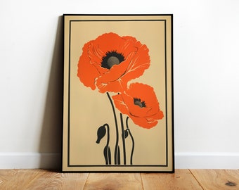 Retro Poppy Print Vintage Poppies 20s 40s Print Retro Botanical Poster Poppy Flower Print Poppies Kitchen Art Bathroom Wall Art Flower Print