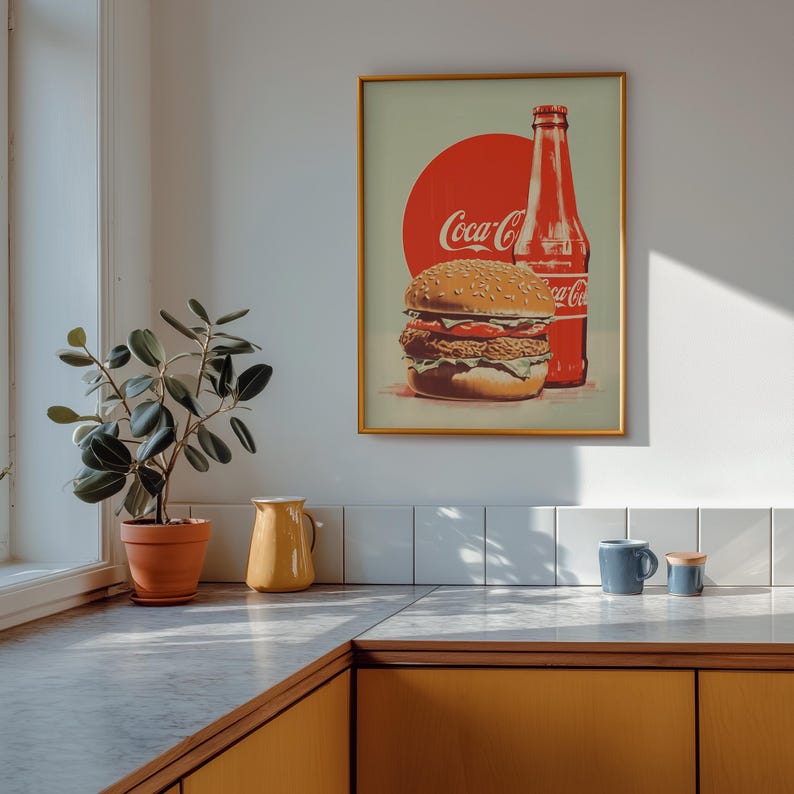 Retro burger and Coca-Cola bottle illustration with red circle background — coca cola poster, vintage coke poster, retro food art, 1950s wall decor.