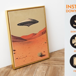 Retro Ufo Poster Alien Wall Art UFO Retro Print Hovering Ufo Flying Saucer Print Ufo over the Desert Art 1950s Ufo Art Alien Aesthetic Art