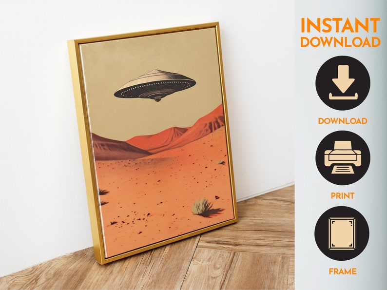 Retro Ufo Poster Alien Wall Art UFO Retro Print Hovering Ufo Flying Saucer Print Ufo over the Desert Art 1950s Ufo Art Alien Aesthetic Art