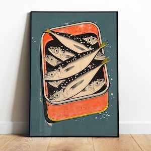 Póster digital divertido de sardinas retro, impresión artística de mariscos, impresión artística de pescado, impresión artística de cocina vintage, impresión en lata de sardinas, póster de sardinas