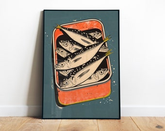 Retro Sardines Wall Art Digital Funny Poster Seafood Art Print Fish Art Print Vintage Kitchen Art Print Sardines Tin Print Sardine Poster