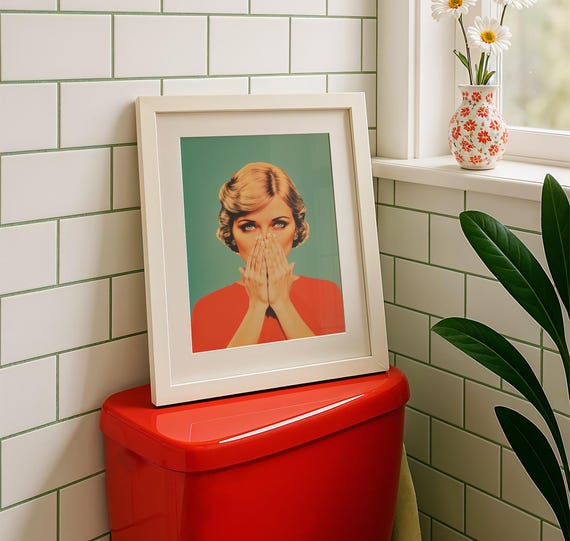 Funny Toilet Poster of Retro Woman Holding Nose Kitsch Stinky Bathroom Art (Digital Download)