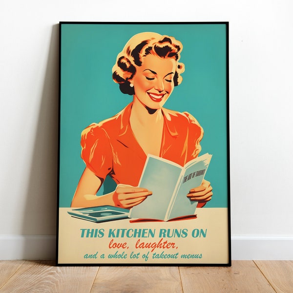 Impression de cuisine rétro à télécharger Art de cuisine drôle, affiches de style années 50, impression de citation de cuisine rétro, impression de femme au foyer heureuse, affiche de cuisine numérique
