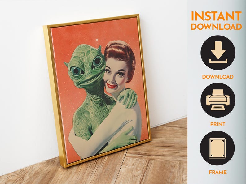 Aliens Wall Art Printable Alein Love Art Vintage Sci Fi Poster Alien Art Print Weird Print Retro Funny Poster Maximalist Wall Art Digital