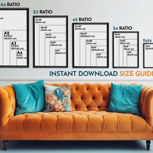 May include: A size guide for instant download art prints, with various aspect ratios and sizes, including 11x14 inches. The guide is displayed above an orange tufted sofa with teal and floral pillows. The text "INSTANT DOWNLOAD SIZE GUIDE" is also visible.
