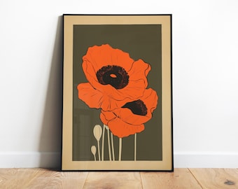 Retro Poppy Print Black Poppies 70 Print Printable Botanical Art Poppy Flower Digital  Kitchen Wall Art Bathroom Print Vintage Floral Poster