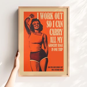 Orange retro vibe art workout poster with strong female figure and quote — motivational poster, gym wall art, home gym decor.