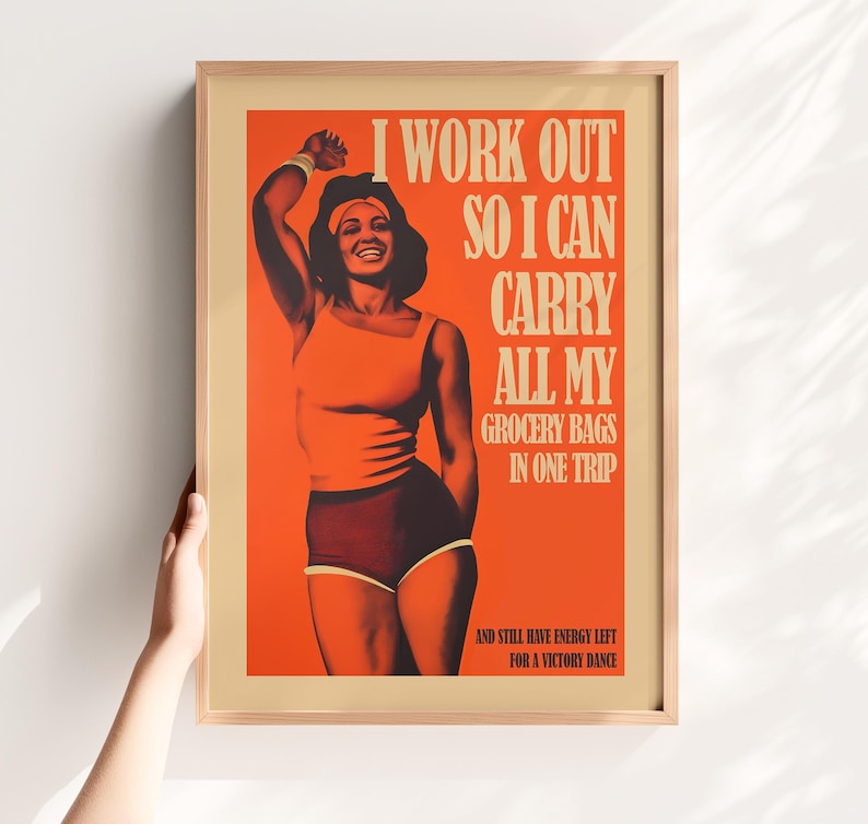 Orange retro vibe art workout poster with strong female figure and quote — motivational poster, gym wall art, home gym decor.