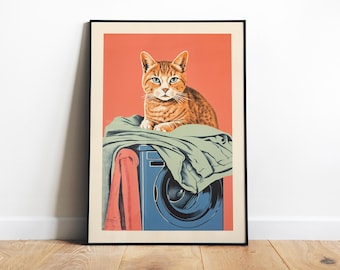 Laundry Cat Print Pink Bathroom Digital Prints Funny Utility Room Art Laundry Wall Art Toilet Poster Cat Toilet Decor for Laundromat Print