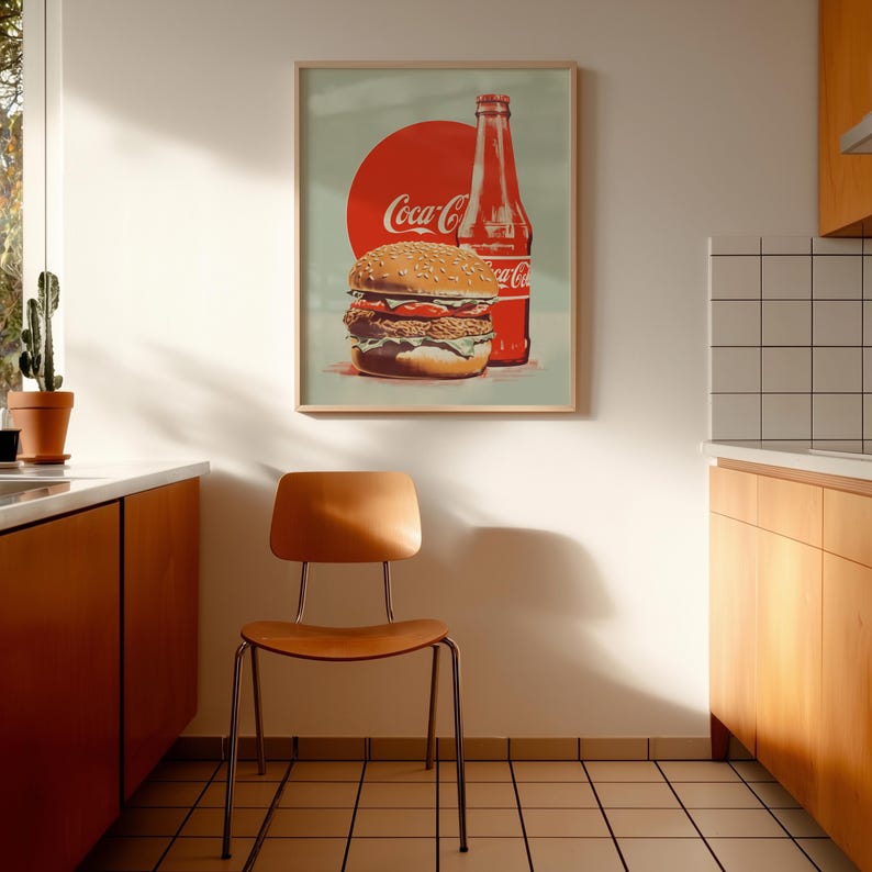 Retro burger and Coca-Cola bottle illustration with red circle background — coca cola poster, vintage coke poster, retro food art, 1950s wall decor.