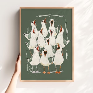 Illustration of a shouting seagull flock — seagull print, funny bathroom art, toilet wall art, sea bird decor.
