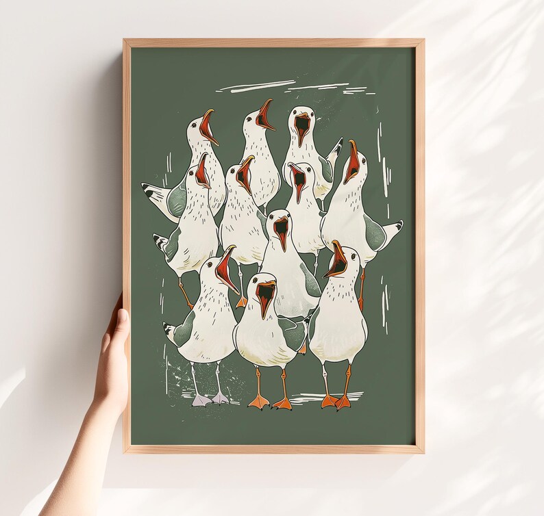 Illustration of a shouting seagull flock — seagull print, funny bathroom art, toilet wall art, sea bird decor.