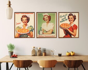 Retro Kitchen Print Set of 3 Kitchen Wall Art 50s 60s Style Prints Baking Print for Kitchen Funny Cooking Print Happy Housewife Poster Set