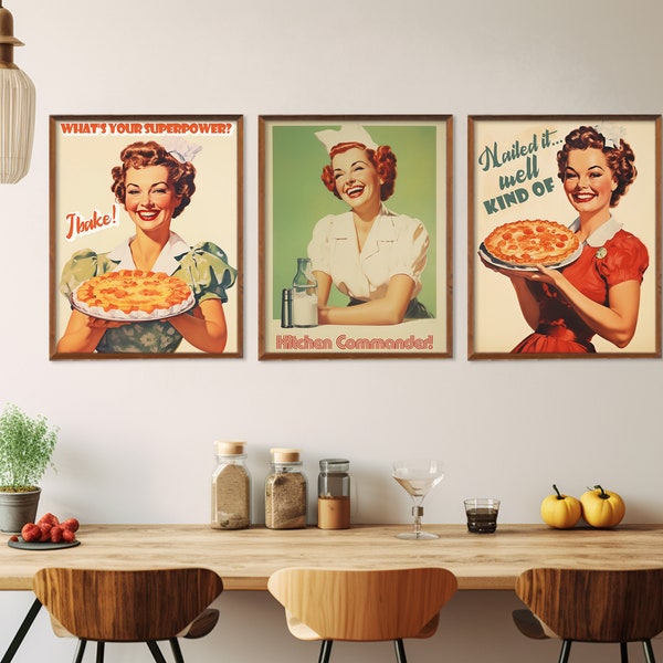 Ensemble de 3 impressions de cuisine rétro pour cuisine, style années 50 et 60, impression de cuisine pour cuisine, impression de cuisine drôle, ensemble d'affiches de femme au foyer heureuse