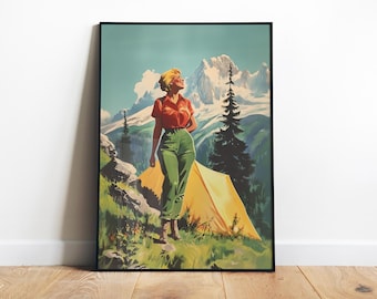 Retro Camping Art Print Outdoorsy Wall Art Printable Hiking Art Camping Gift Friend Adventure Posters Nature Art Moun Cabin Wall Decor