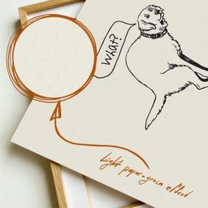 Line-drawn dog mid-potty with “what?” speech bubble — dog doodle poster, toilet humor art, line art dog, funny toilet art.