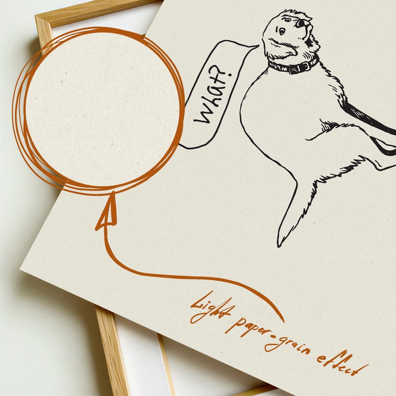 Line-drawn dog mid-potty with “what?” speech bubble — dog doodle poster, toilet humor art, line art dog, funny toilet art.