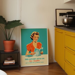Digital print of 1950s retro housewife art in midcentury kitchen setting, atomic age decor style, kitschy relatable print for apartment decor wall art.