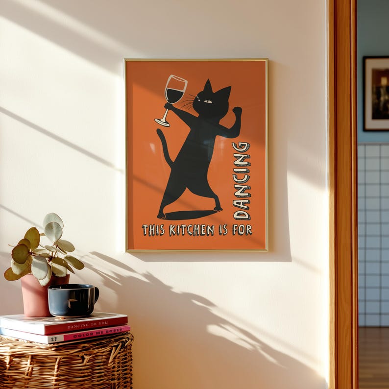 This Kitchen is for Dancing Wine Cat Print Bar Cart Decor (digital ...