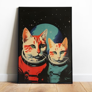 Poster di gatto spaziale, stampabile, stampa artistica di fantascienza, gatti, astronauta, arte murale anni '50 e '60, poster di gatto divertente, arte dell'era atomica, gattino retrò, arte digitale