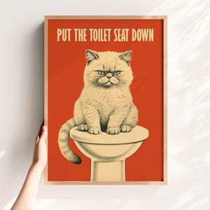 Funny Bathroom Print Bathroom Wall Art 50s Style Poster Funny Cat Toilet Art Print Put the Toilet Seat Down Cat Print WC Print Bathroom Rule