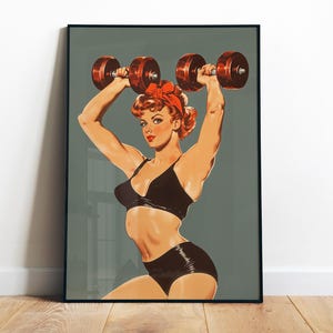 Girl With Dumbbells Retro Poster Printable Gym Wall Art Weightlifting Poster Retro Gym Art Home Gym Decor Digital Bodybuilder Print 50s 60s