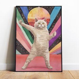 Disco Katze Druck Lustiges Poster Disko Digitaldruck Lustiges Katzenposter Süßes Kätzchen Illustration Katze tun Dinge Trendy Wandkunst Katze Aquarell