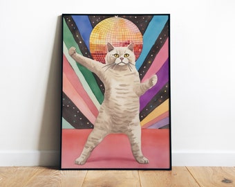 Disco Cat Print Funny Poster Disco Digital Print Funny Cat Poster Cute Kitten Illustration Cat Doing Things Trendy Wall Art Cat Watercolor